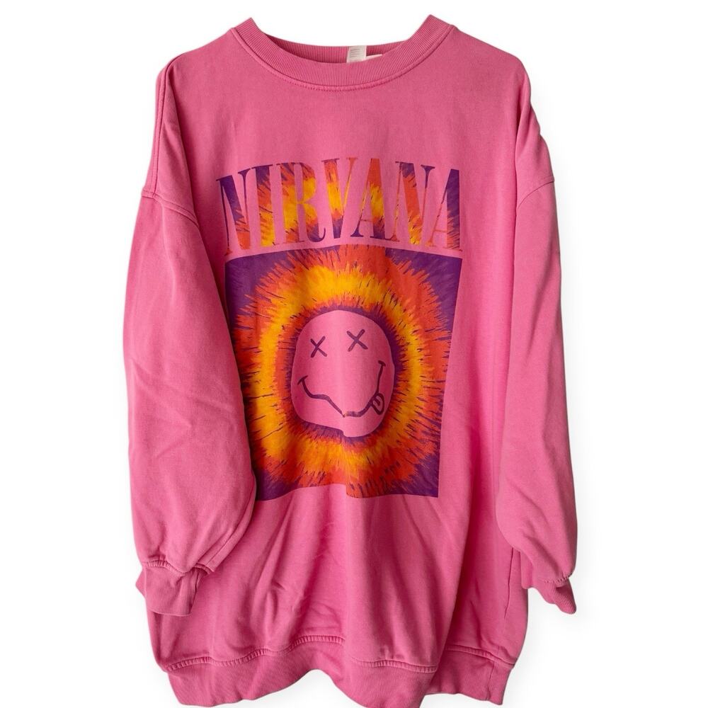 H&M Divided Pink Nirvana Smiley Face Oversized Pink Sweatshirt Women’s Medium